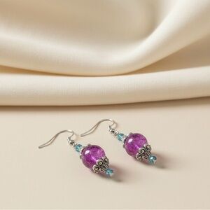 Pink/Purple Crackle Glass Bead Dangle Earrings Turquoise Accent Silver Tone Boho